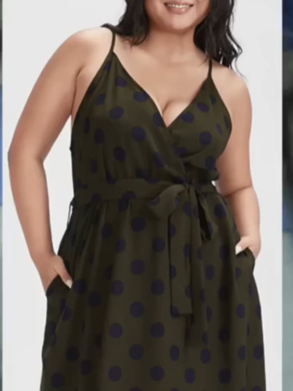 Sleeveless Olive Green Polka Dot Wrap Dress